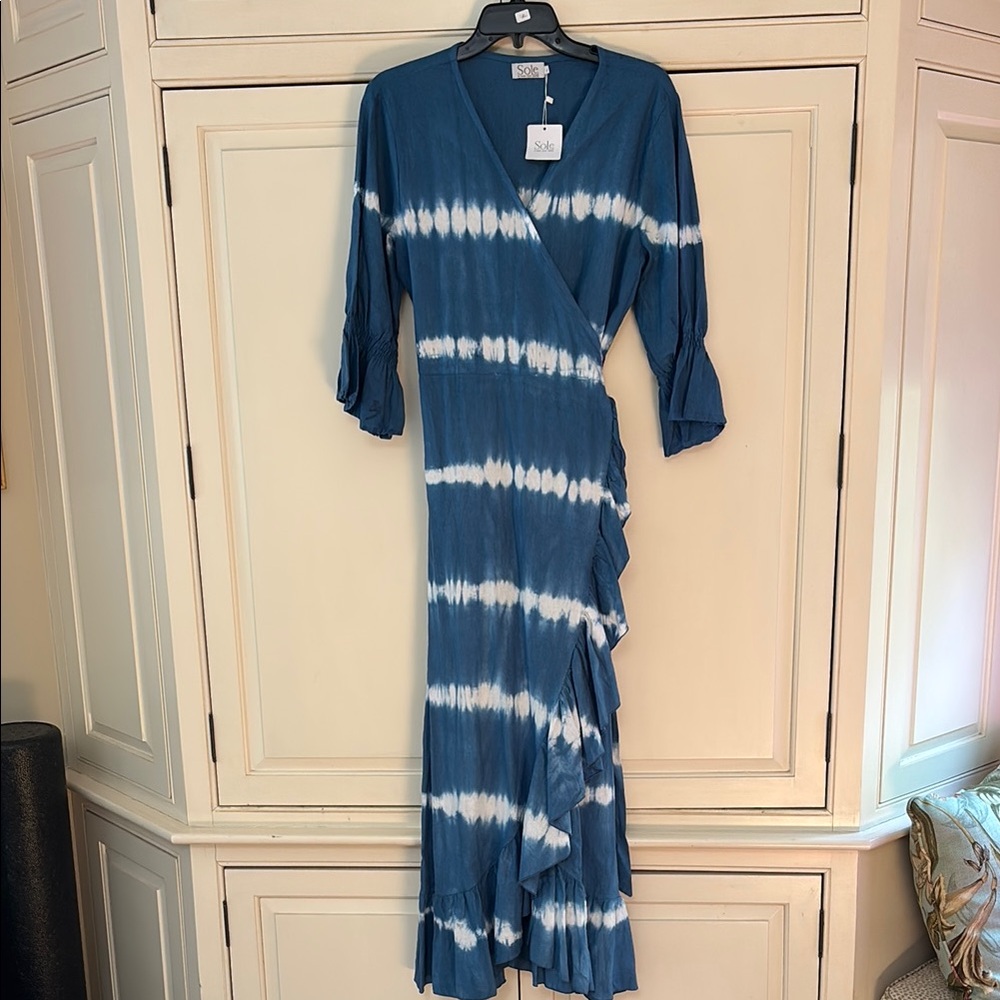 Sole Tie Dye Blue Tatiana Linen Blend Wrap Dress NWT
